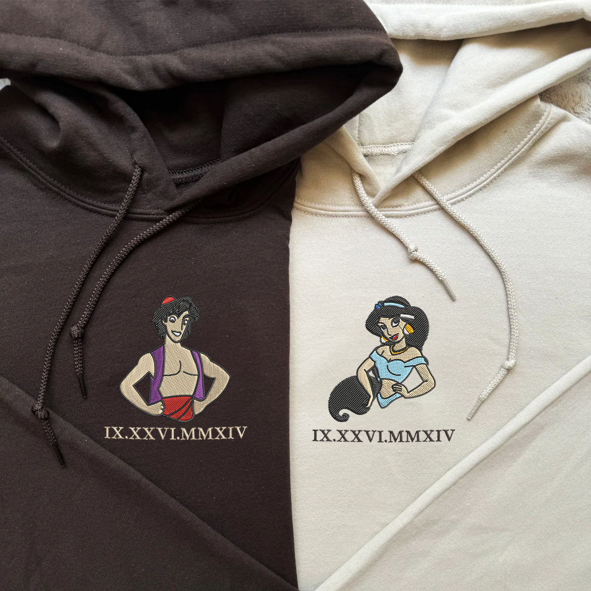Custom Embroidered Roman Numeral Hoodies For Couples, Roman Numeral Date Hoodie, Cute Princess Couples Embroidered Hoodie V1