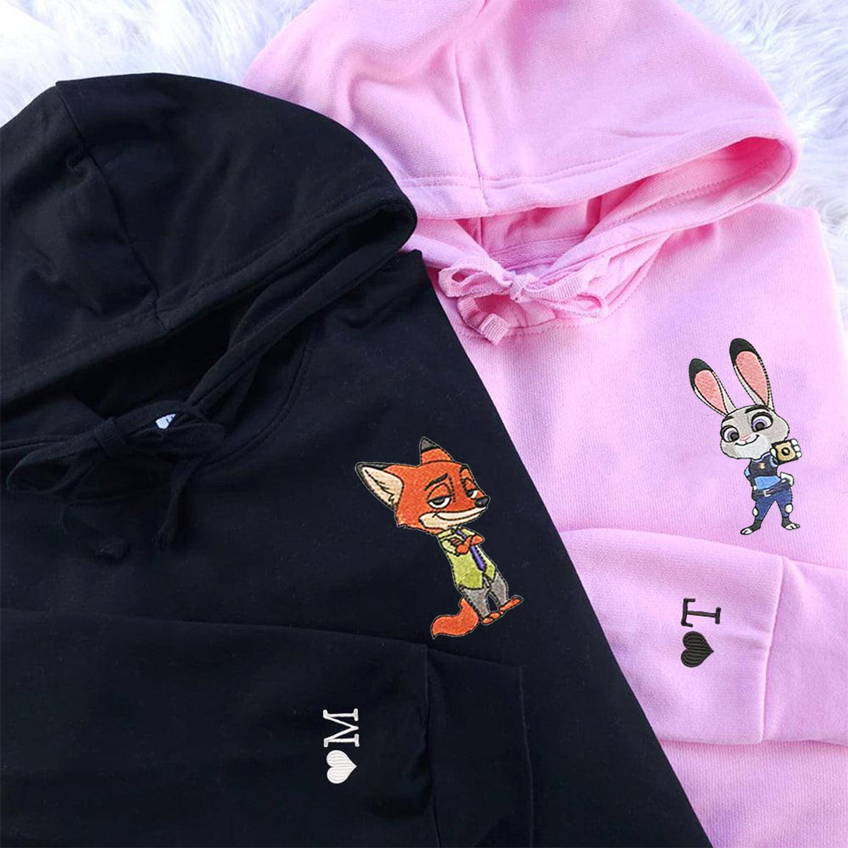 Custom Embroidered Roman Numeral Hoodies For Couples, Roman Numeral Date Hoodie, Cute Rabbits Cartoon Couples Embroidered Hoodie