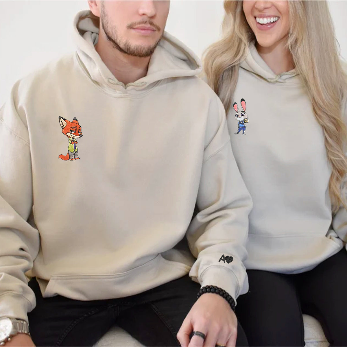 Custom Embroidered Roman Numeral Hoodies For Couples, Roman Numeral Date Hoodie, Cute Rabbits Cartoon Couples Embroidered Hoodie