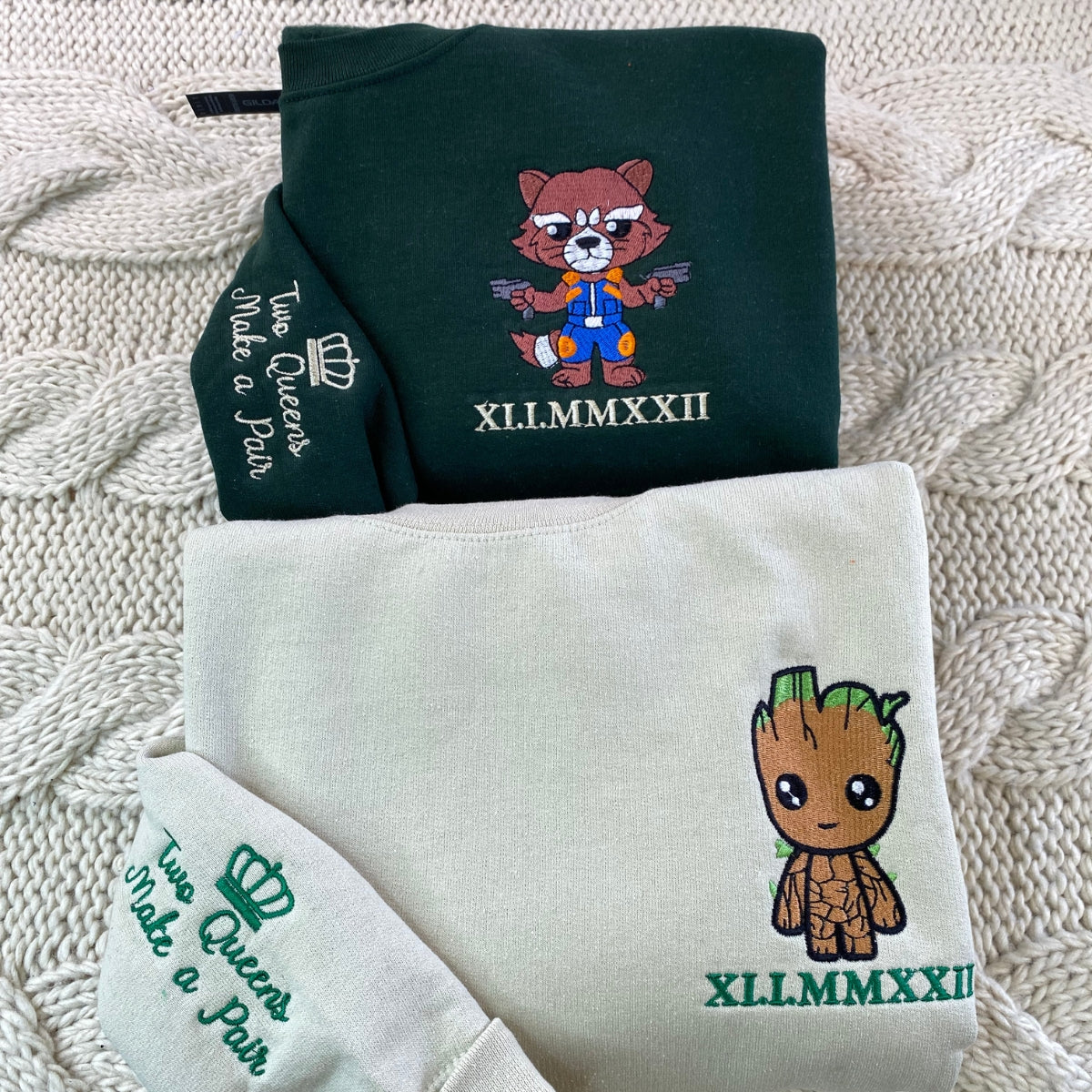 Custom Embroidered Roman Numeral Hoodies For Couples, Roman Numeral Date Hoodie, Cute Rocket Cartoon Couples Embroidered Hoodie