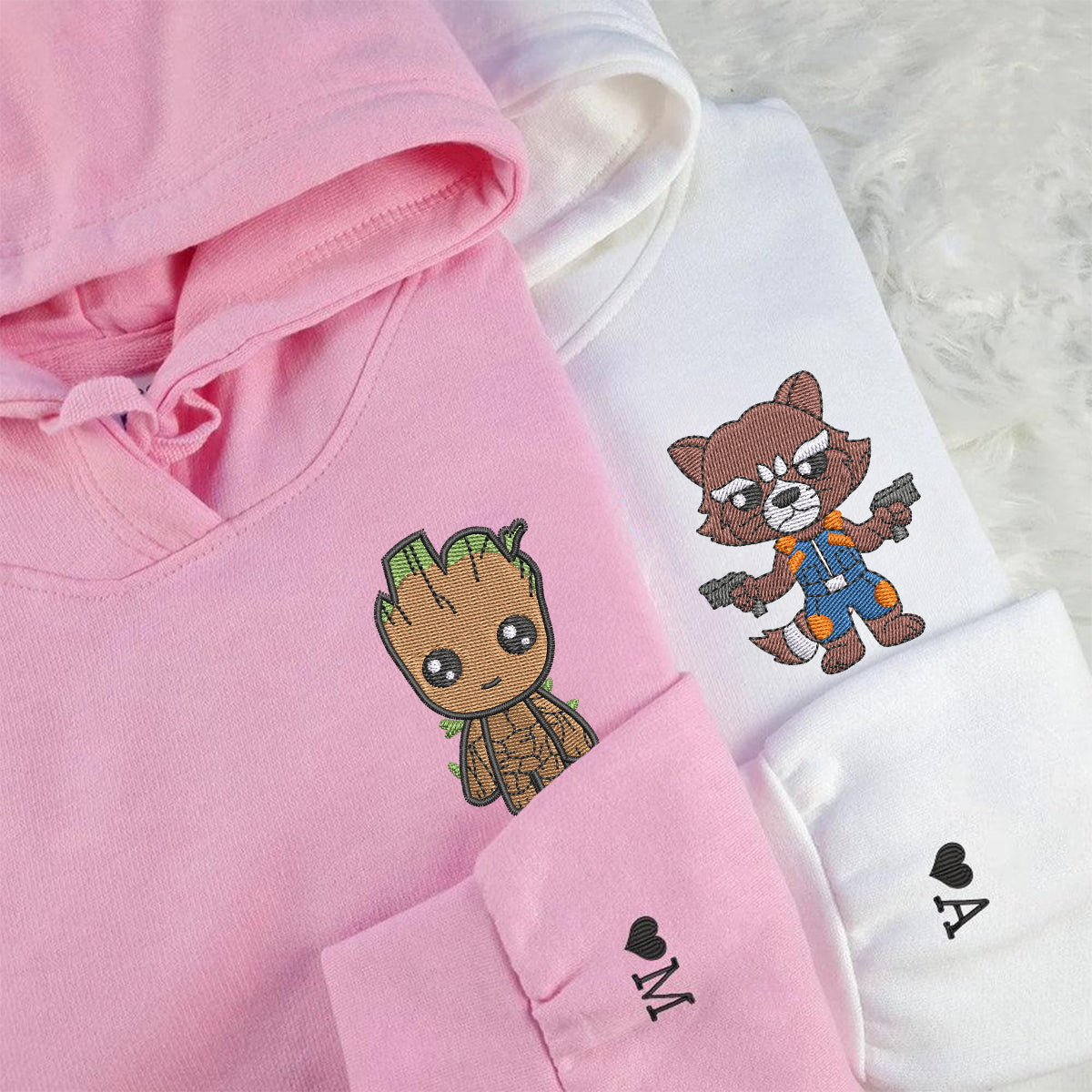 Custom Embroidered Roman Numeral Hoodies For Couples, Roman Numeral Date Hoodie, Cute Rocket Cartoon Couples Embroidered Hoodie