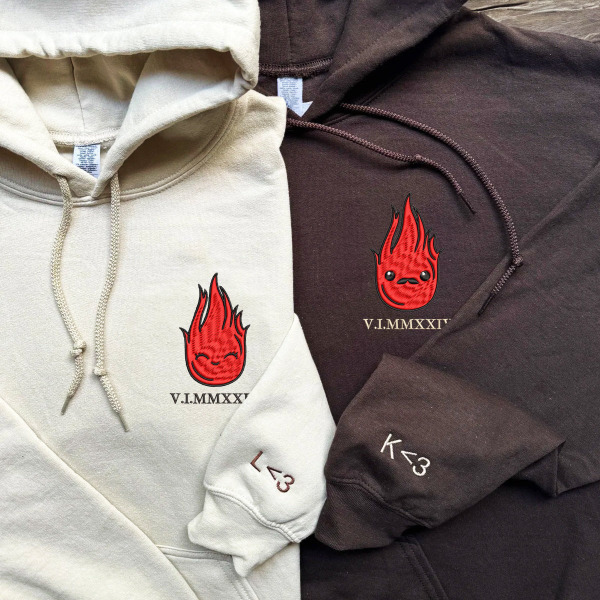 Custom Embroidered Roman Numeral Hoodies For Couples, Roman Numeral Date Hoodie, Flame Couples Embroidered Hoodie
