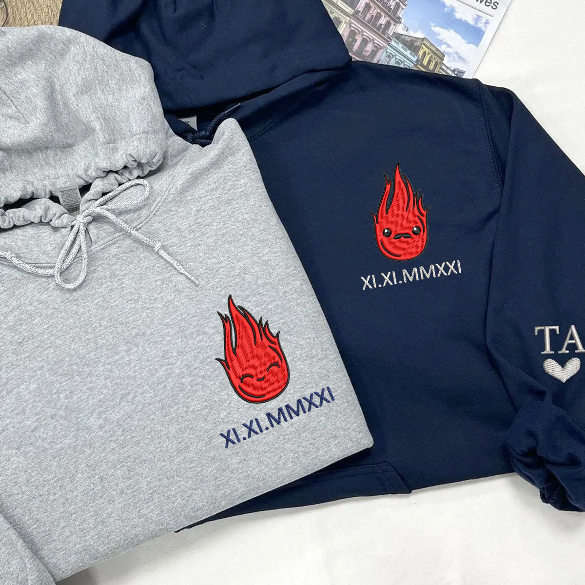 Custom Embroidered Roman Numeral Hoodies For Couples, Roman Numeral Date Hoodie, Flame Couples Embroidered Hoodie