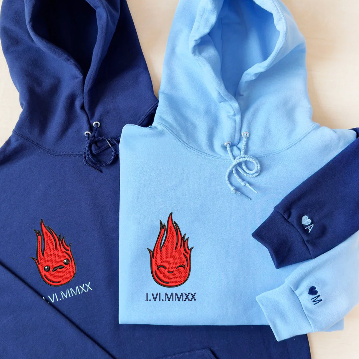 Custom Embroidered Roman Numeral Hoodies For Couples, Roman Numeral Date Hoodie, Flame Couples Embroidered Hoodie