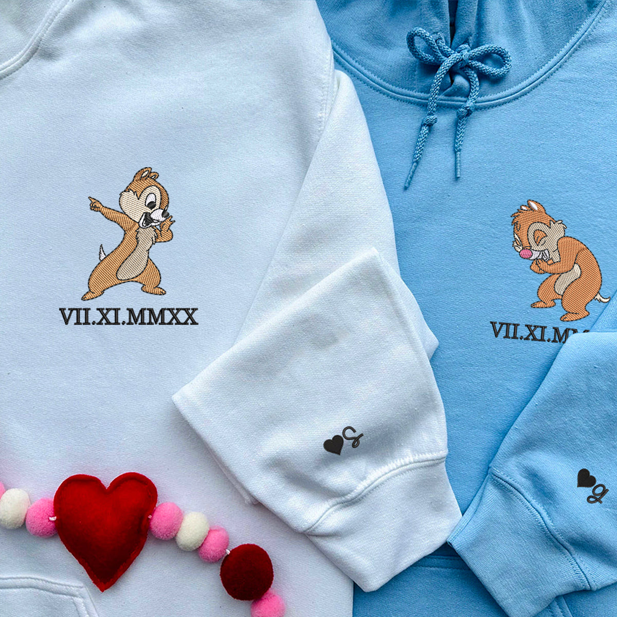 Custom Embroidered Roman Numeral Hoodies For Couples, Roman Numeral Date Hoodie, Funny Chip x Dale Couples Embroidered Hoodie
