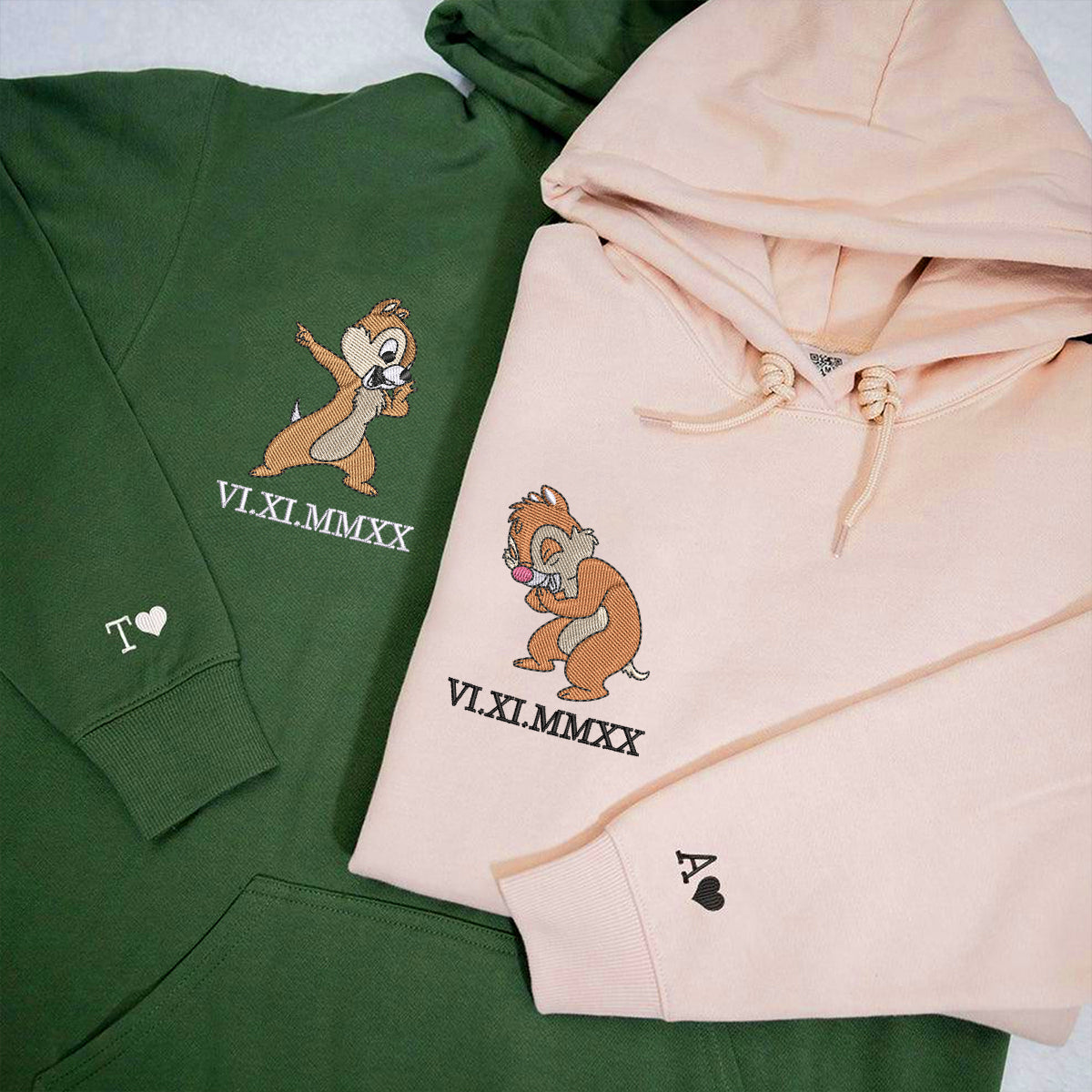 Custom Embroidered Roman Numeral Hoodies For Couples, Roman Numeral Date Hoodie, Funny Chip x Dale Couples Embroidered Hoodie