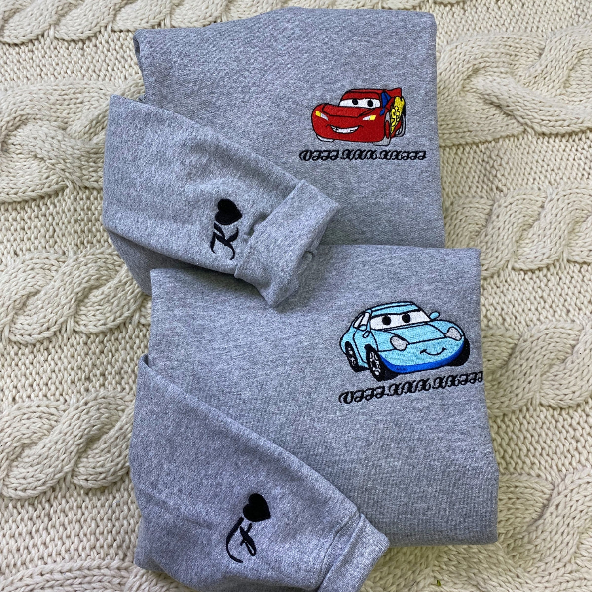 Custom Embroidered Roman Numeral Hoodies For Couples, Roman Numeral Date Hoodie, Lightning Bolt x Retro Cartoon Car Embroidered Hoodie