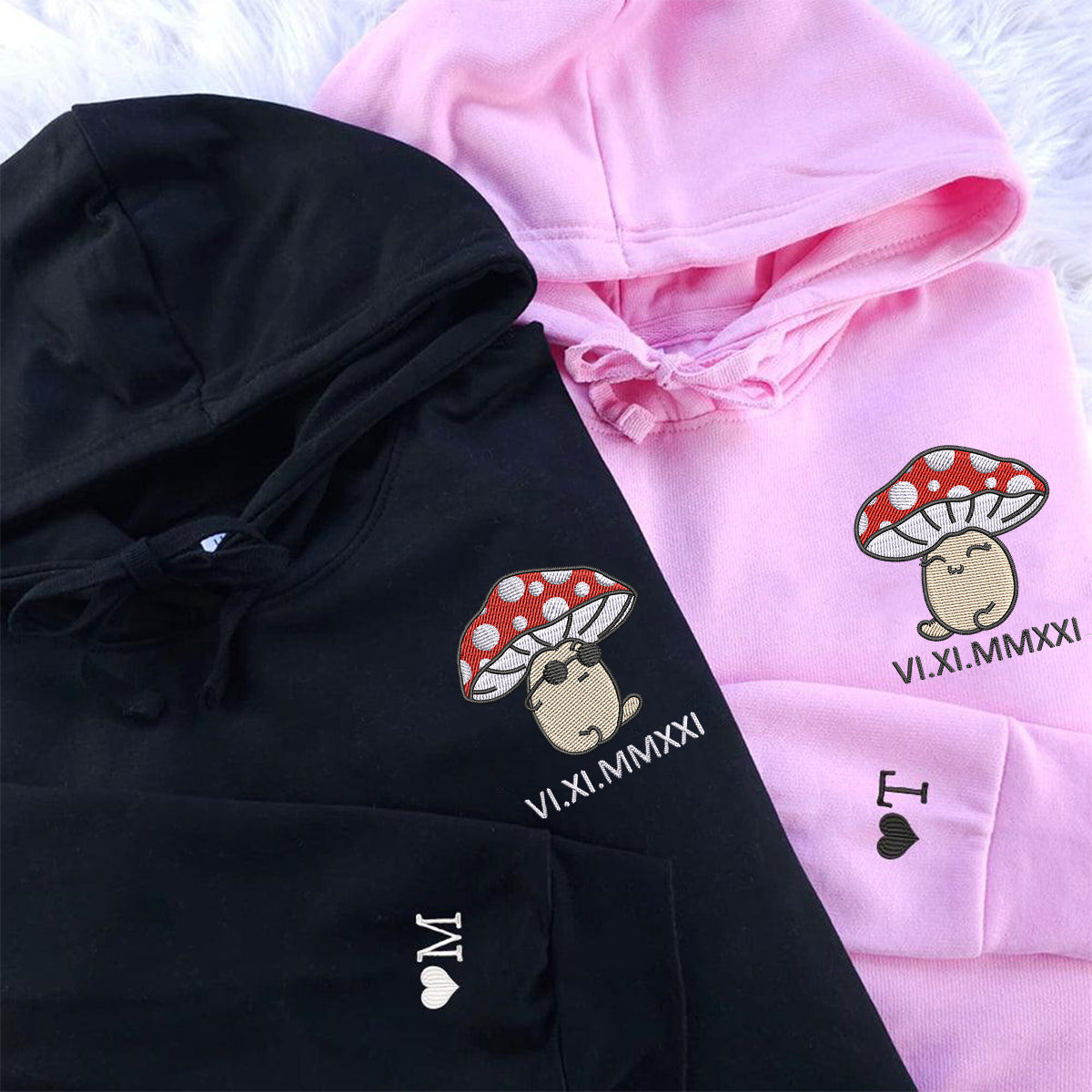 Custom Embroidered Roman Numeral Hoodies For Couples, Roman Numeral Date Hoodie, Mushroom Cartoon Couples Embroidered Hoodie