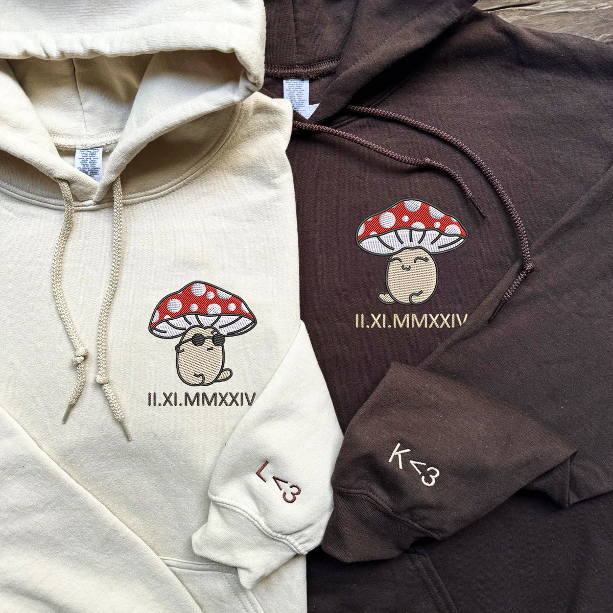 Custom Embroidered Roman Numeral Hoodies For Couples, Roman Numeral Date Hoodie, Mushroom Cartoon Couples Embroidered Hoodie