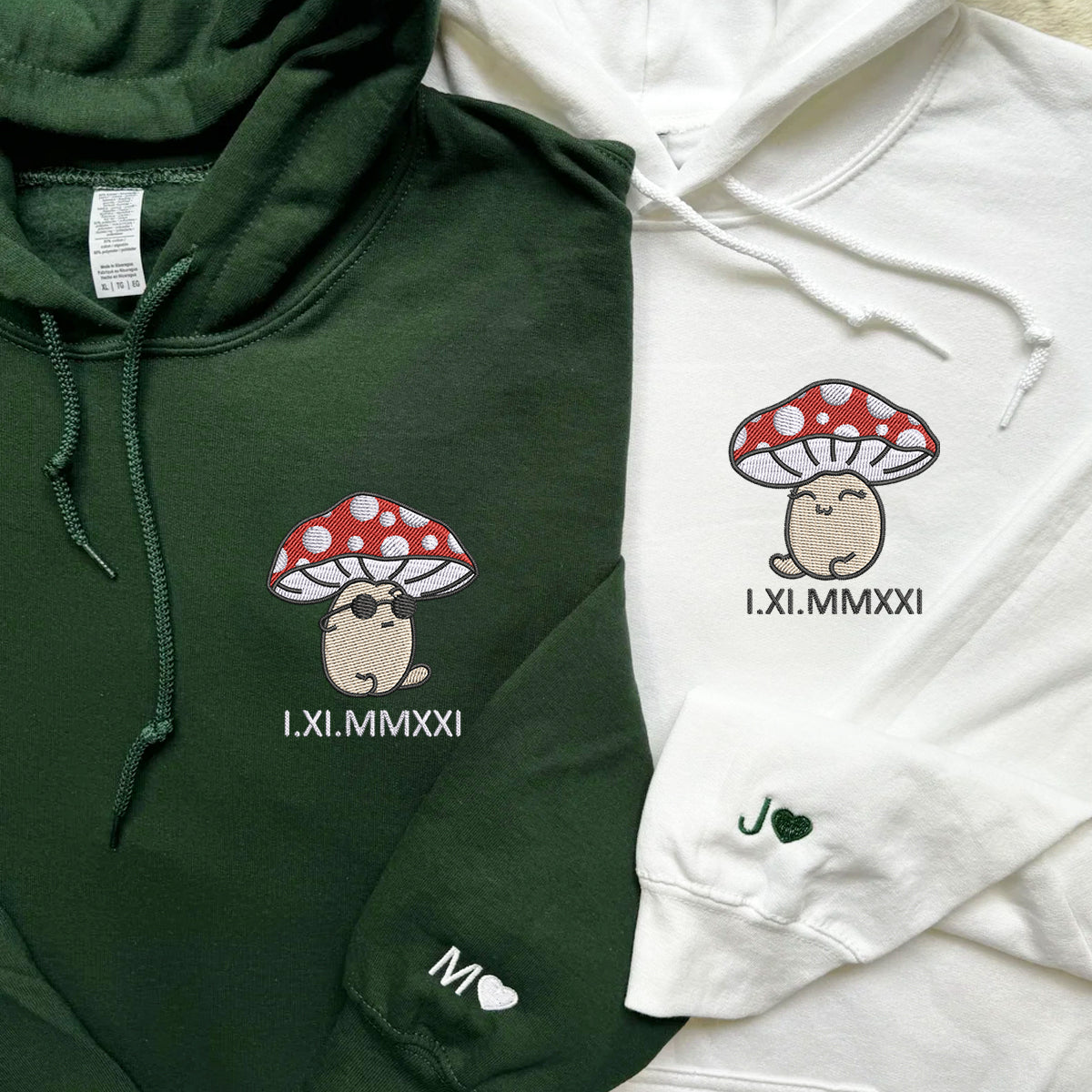 Custom Embroidered Roman Numeral Hoodies For Couples, Roman Numeral Date Hoodie, Mushroom Cartoon Couples Embroidered Hoodie