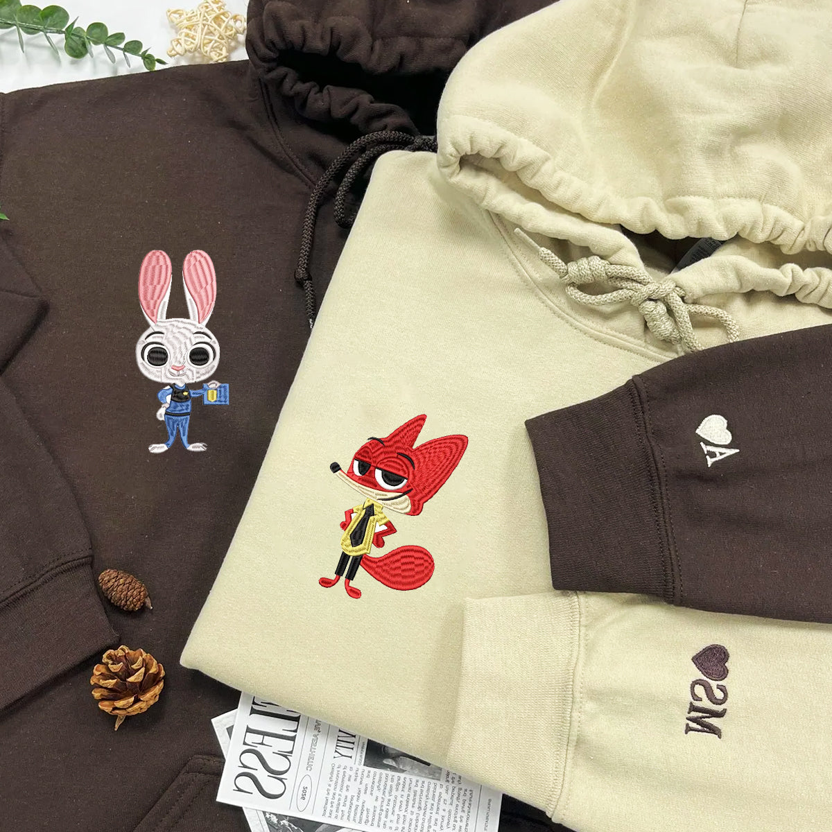 Custom Embroidered Roman Numeral Hoodies For Couples, Roman Numeral Date Hoodie, Rabbits Cartoon Couples Embroidered Hoodie
