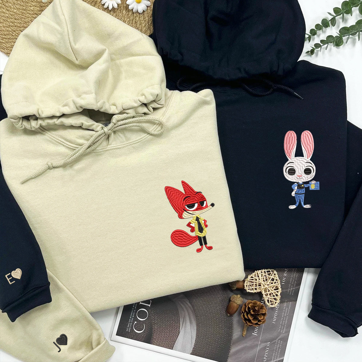 Custom Embroidered Roman Numeral Hoodies For Couples, Roman Numeral Date Hoodie, Rabbits Cartoon Couples Embroidered Hoodie