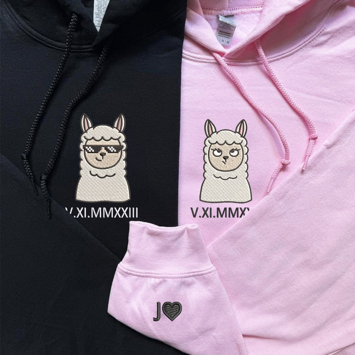 Custom Embroidered Roman Numeral Hoodies For Couples, Roman Numeral Date Hoodie, Sheep Cartoon Couples Embroidered Hoodie