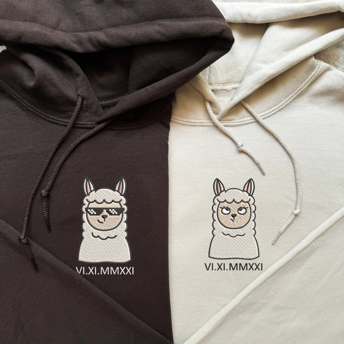Custom Embroidered Roman Numeral Hoodies For Couples, Roman Numeral Date Hoodie, Sheep Cartoon Couples Embroidered Hoodie