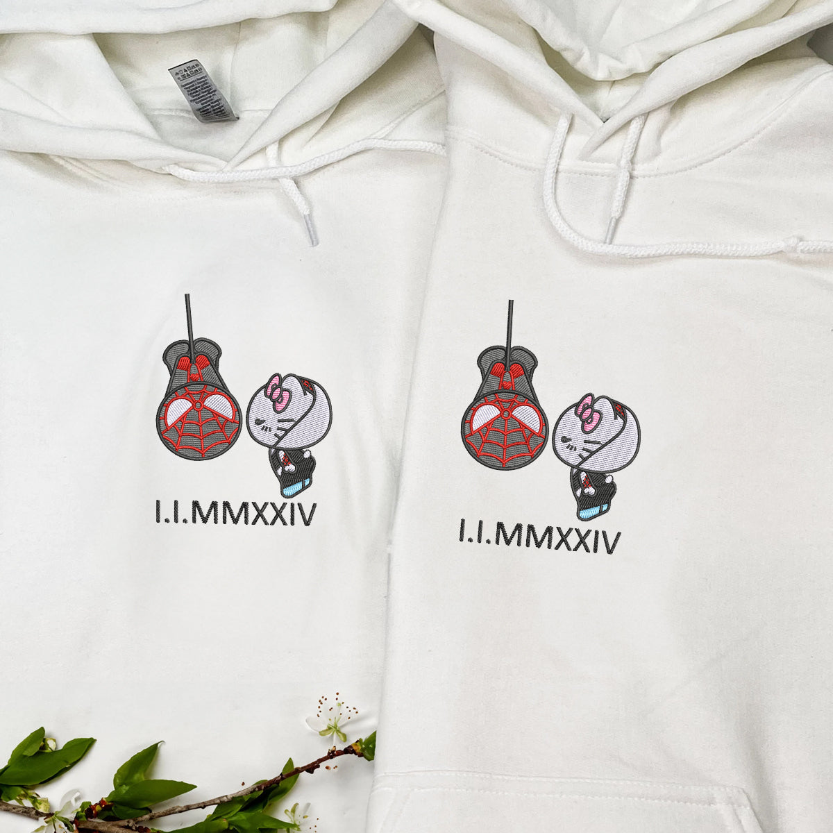 Custom Embroidered Roman Numeral Hoodies For Couples, Roman Numeral Date Hoodie, Spider Kitten Couples Embroidered Hoodie V1
