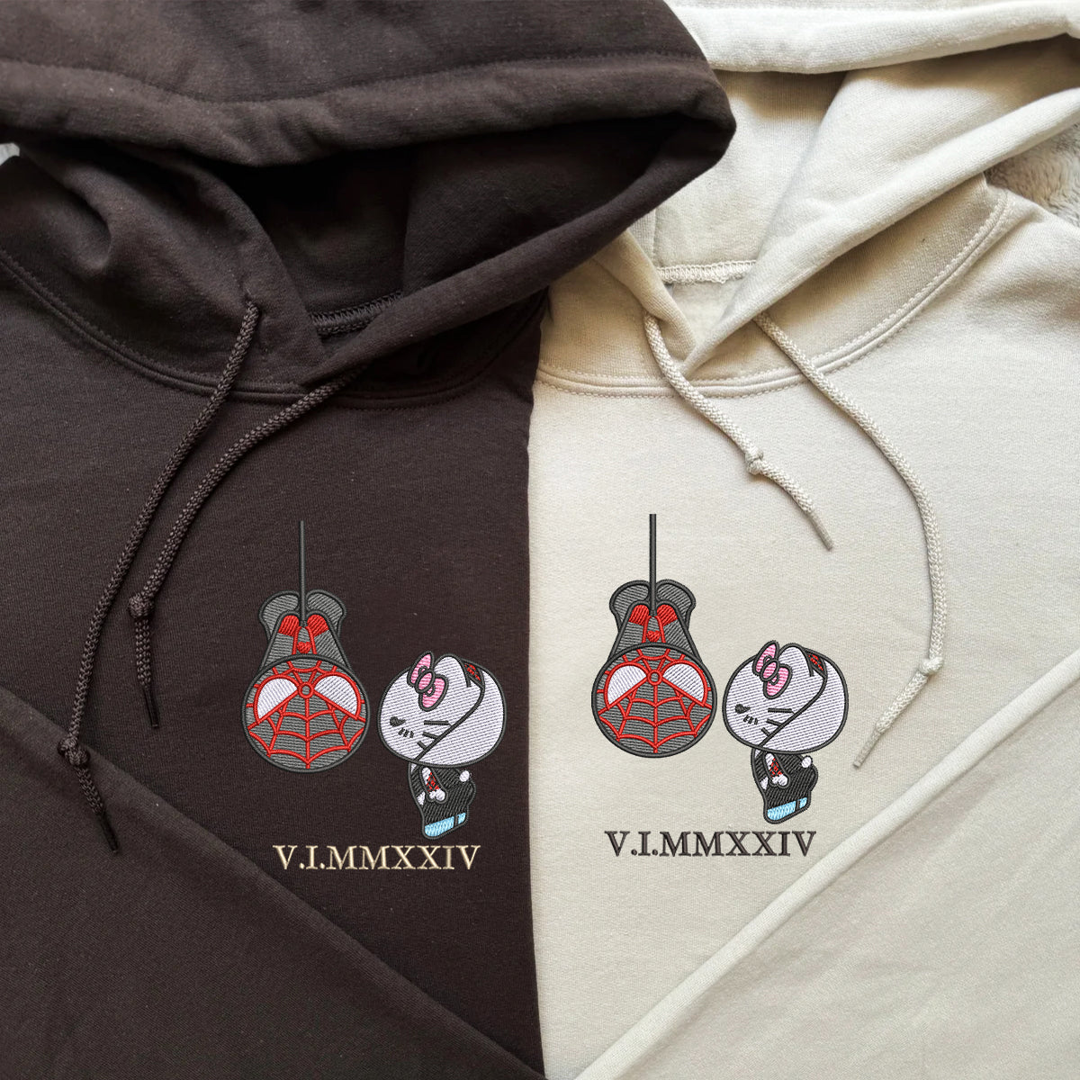 Custom Embroidered Roman Numeral Hoodies For Couples, Roman Numeral Date Hoodie, Spider Kitten Couples Embroidered Hoodie V1