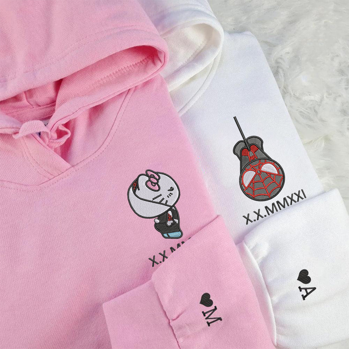 Custom Embroidered Roman Numeral Hoodies For Couples, Roman Numeral Date Hoodie, Spider Miles x Kitten Gwen Couples Embroidered Hoodie V2
