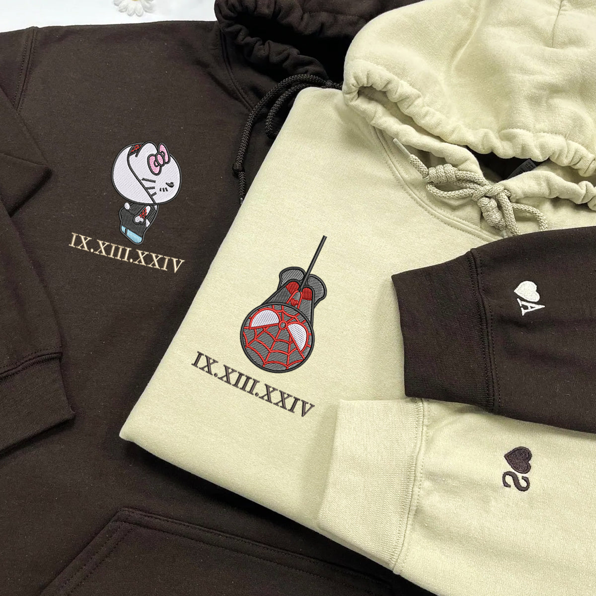 Custom Embroidered Roman Numeral Hoodies For Couples, Roman Numeral Date Hoodie, Spider Kitten Couples Embroidered Hoodie V2