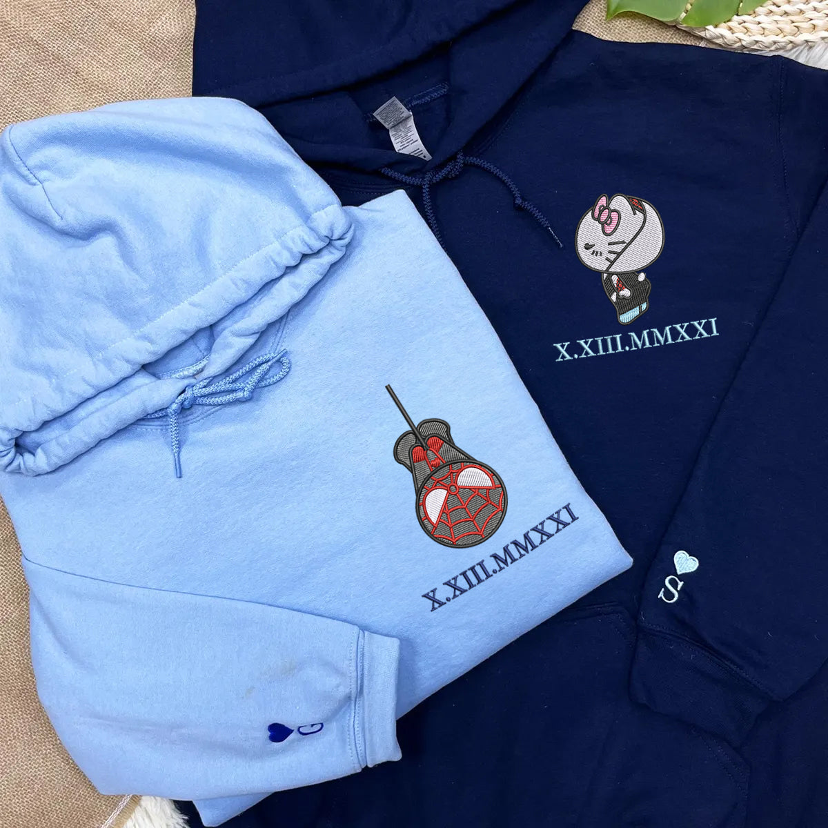 Custom Embroidered Roman Numeral Hoodies For Couples, Roman Numeral Date Hoodie, Spider Kitten Couples Embroidered Hoodie V2