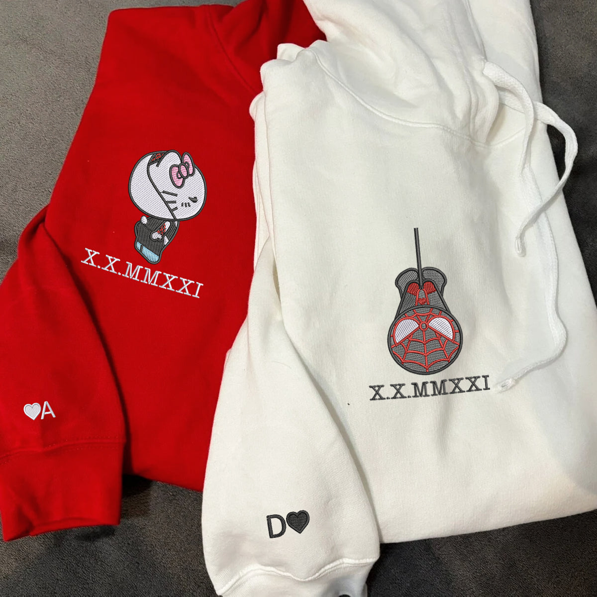 Custom Embroidered Roman Numeral Hoodies For Couples, Roman Numeral Date Hoodie, Spider Kitten Couples Embroidered Hoodie V2