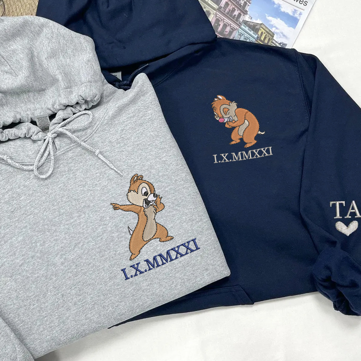 Custom Embroidered Roman Numeral Hoodies for Couples, Cute Cartoon Chipmunks Hoodie, Funny Matching Outfit