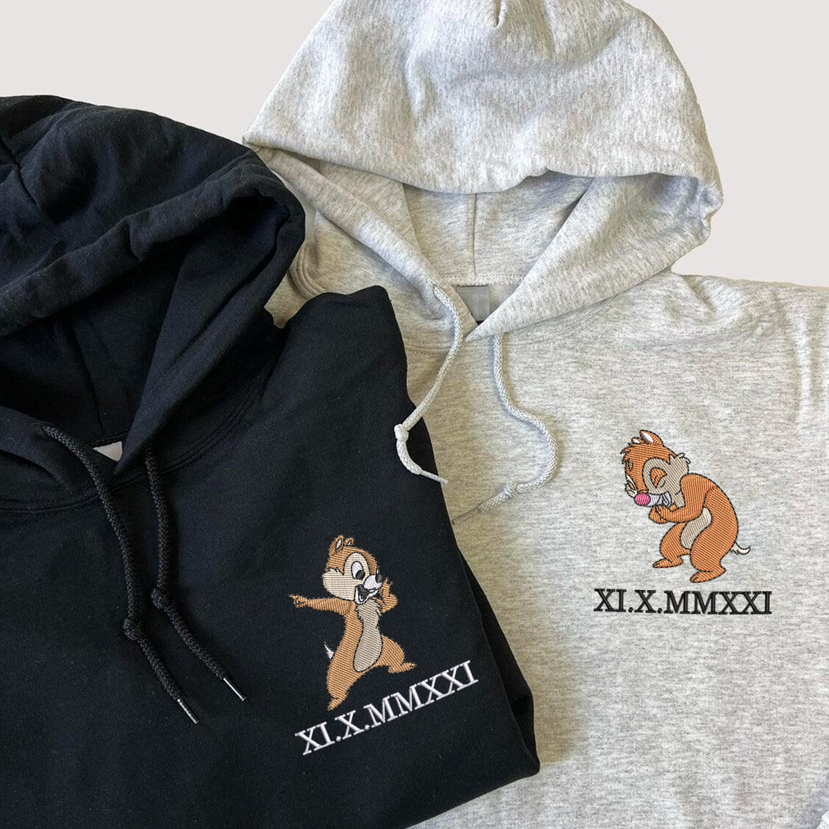 Custom Embroidered Roman Numeral Hoodies for Couples, Cute Cartoon Chipmunks Hoodie, Funny Matching Outfit
