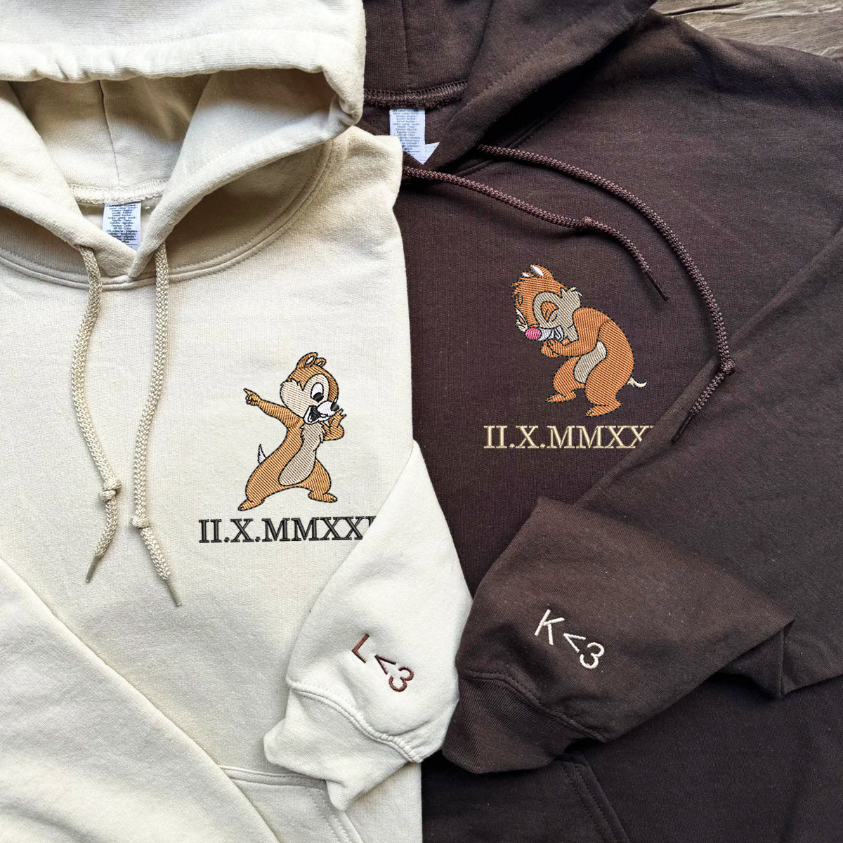 Custom Embroidered Roman Numeral Hoodies for Couples, Cute Cartoon Chipmunks Hoodie, Funny Matching Outfit