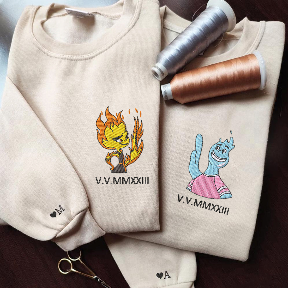 Custom Embroidered Roman Numeral Hoodies for Couples, Cute Fire & Water Love Embroidered Hoodie, Matching Couple Outfit