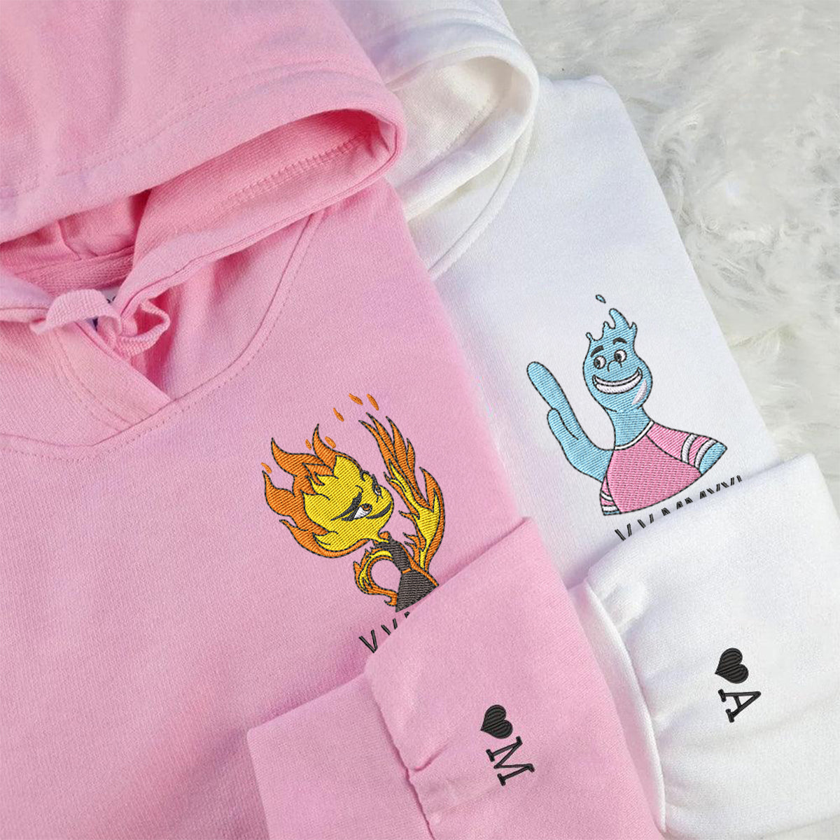 Custom Embroidered Roman Numeral Hoodies for Couples, Cute Fire & Water Love Embroidered Hoodie, Matching Couple Outfit