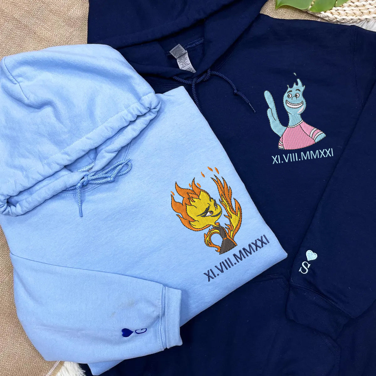 Custom Embroidered Roman Numeral Hoodies for Couples, Cute Fire & Water Love Embroidered Hoodie, Matching Couple Outfit
