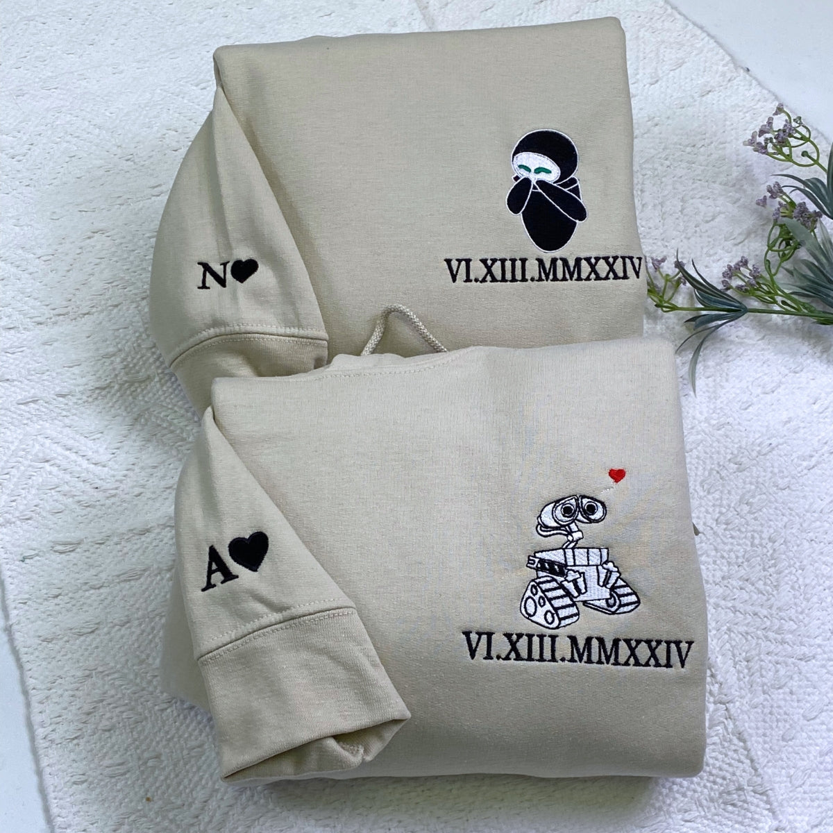 Custom Embroidered Roman Numeral Hoodies for Couples, Personalized Robot Love Couples Embroidered Hoodies
