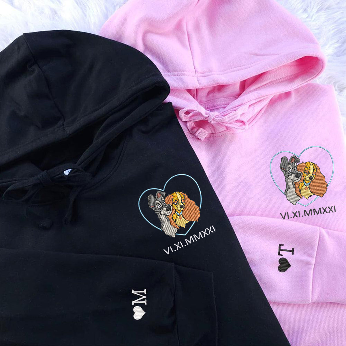 Custom Embroidered Roman Numeral Hoodies for Couples, Romantic Dog Lovers Matching Hoodie