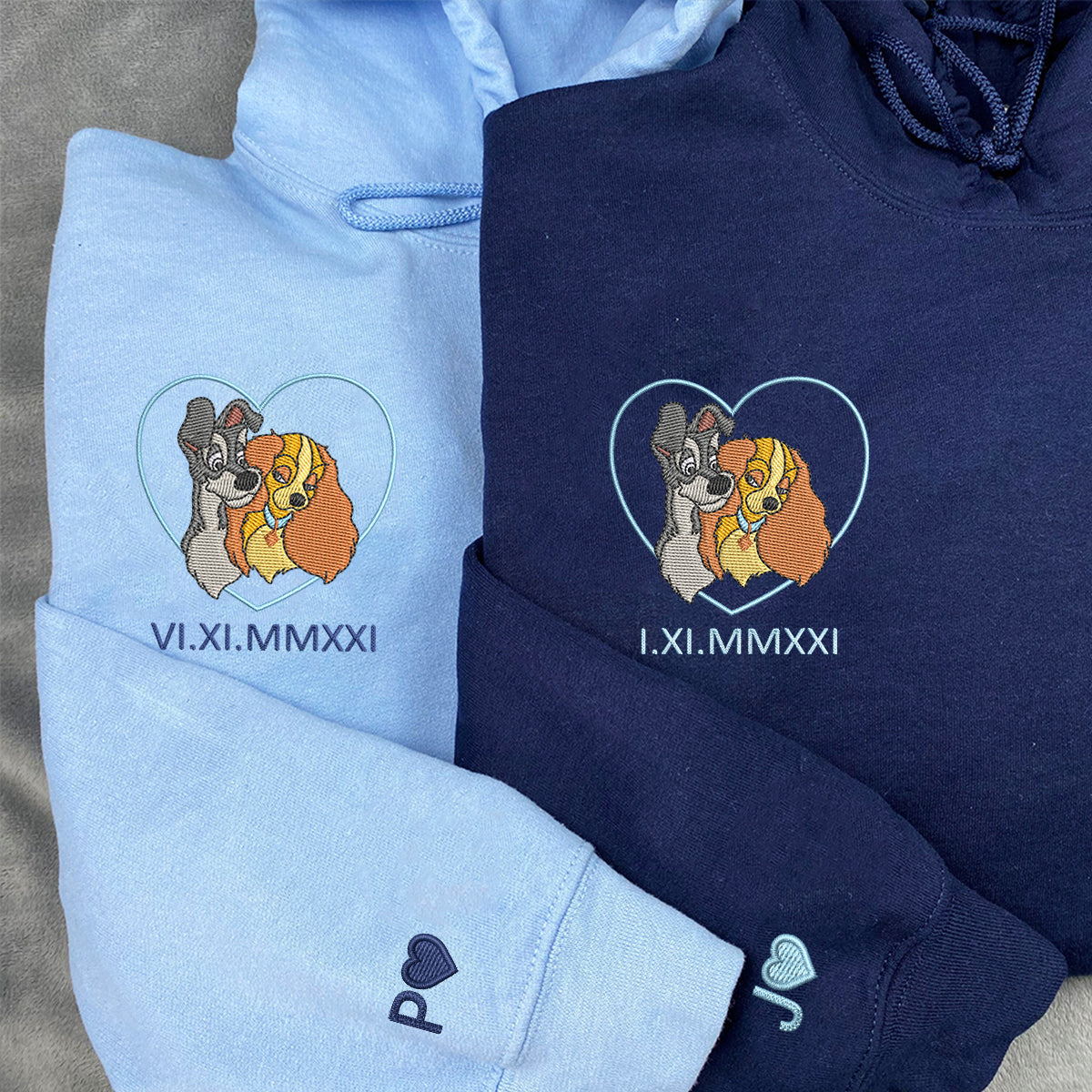 Custom Embroidered Roman Numeral Hoodies for Couples, Romantic Dog Lovers Matching Hoodie