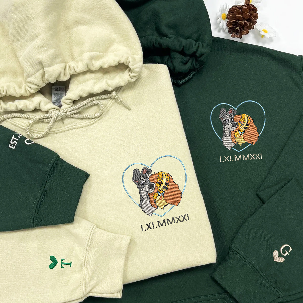 Custom Embroidered Roman Numeral Hoodies for Couples, Romantic Dog Lovers Matching Hoodie