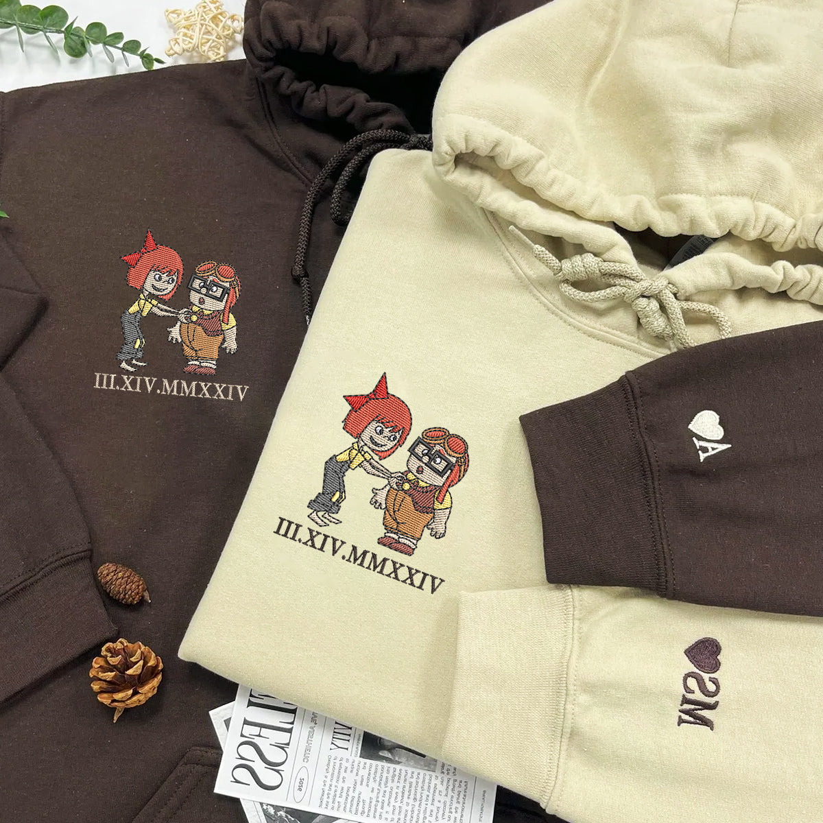 Custom Couple Embroidered Sweatshirt with Roman Numeral Date, Romantic Old Couple Cartoon Matching Sweatshirt