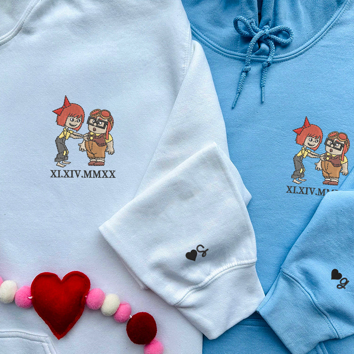 Custom Couple Embroidered Sweatshirt with Roman Numeral Date, Romantic Old Couple Cartoon Matching Sweatshirt