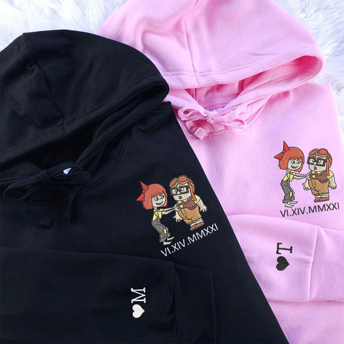 Custom Couple Embroidered Sweatshirt with Roman Numeral Date, Romantic Old Couple Cartoon Matching Sweatshirt
