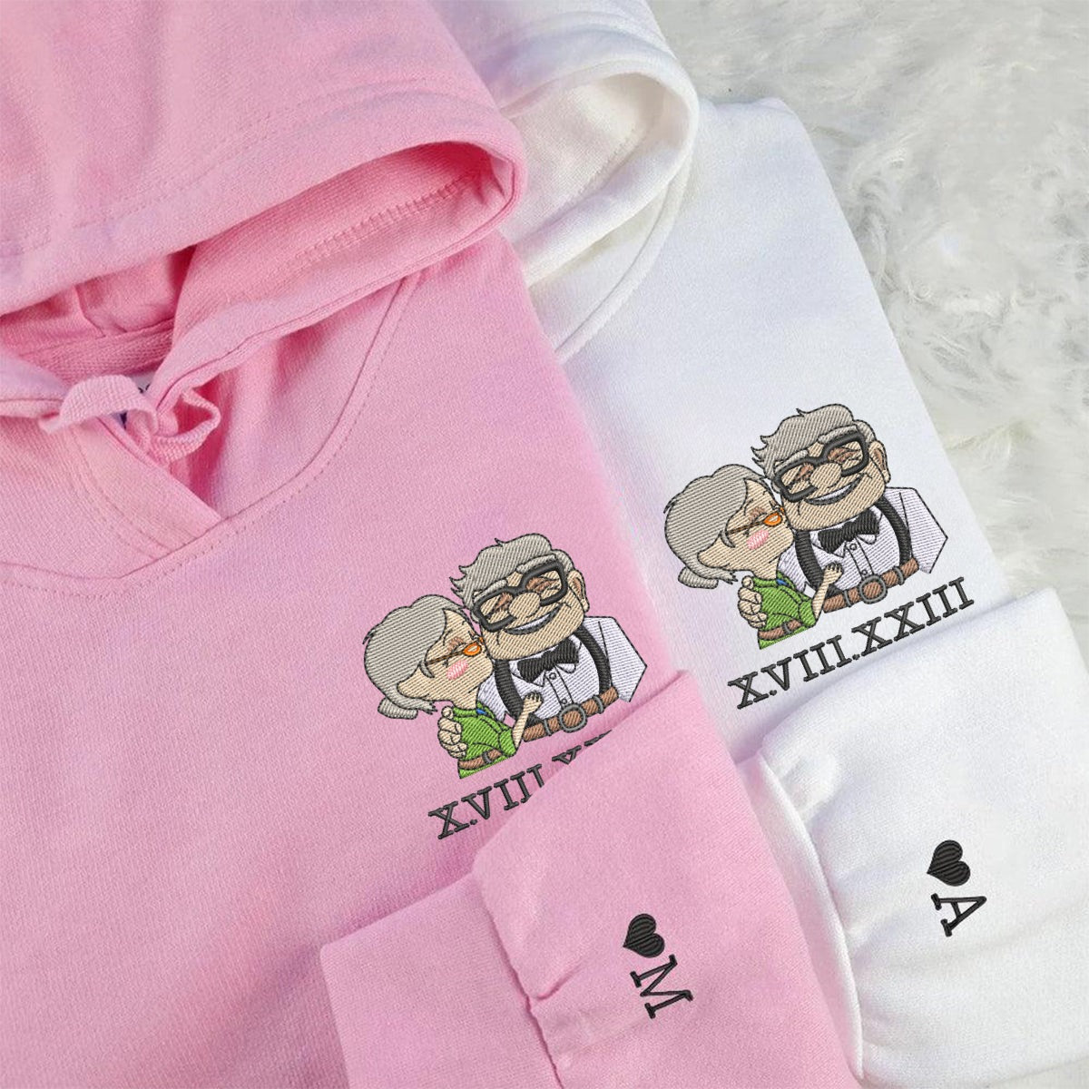 Custom Embroidered Roman Numeral Hoodies for Couples, Adorable Elderly Love Embroidered Hoodie, Matching Anniversary Outfit