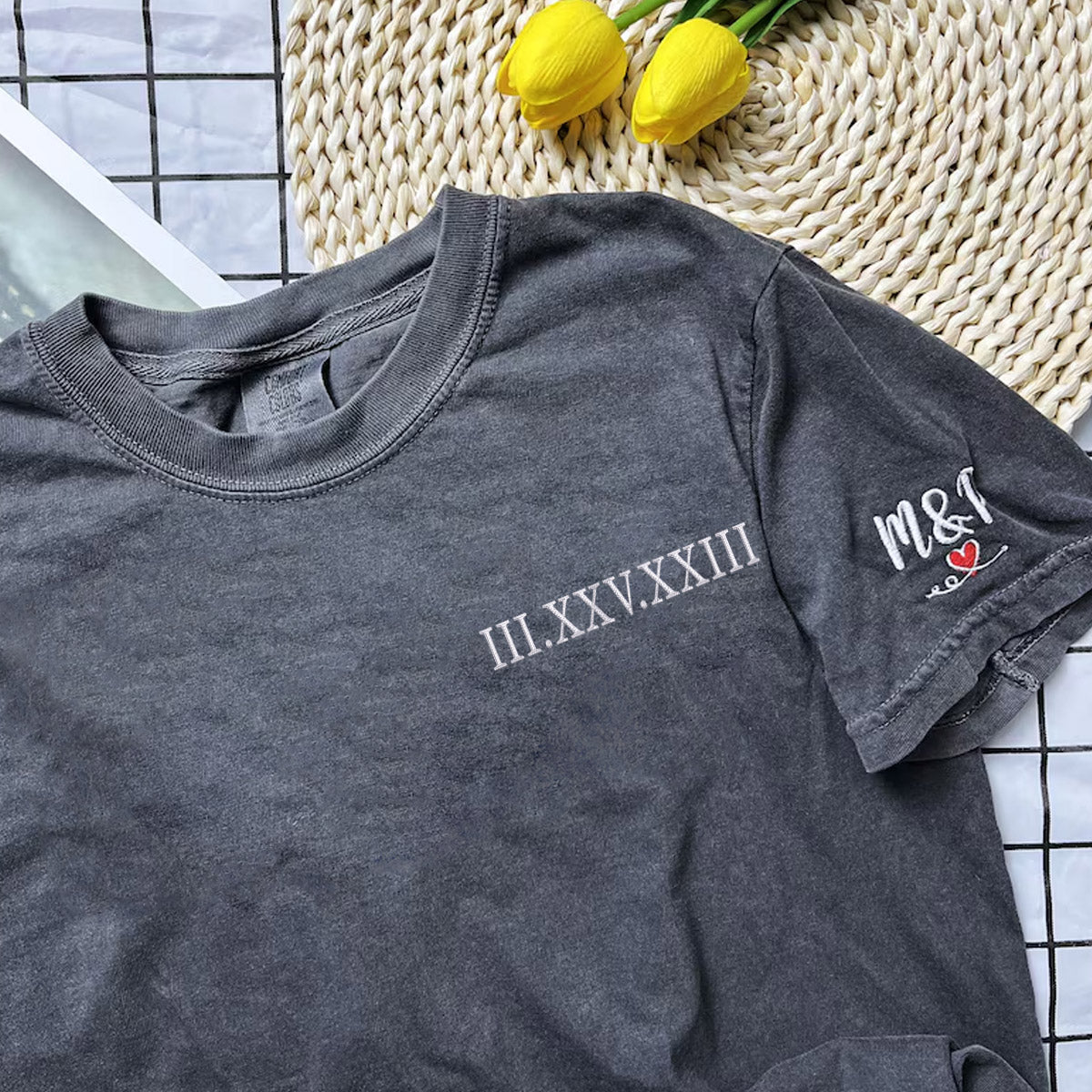 Custom Embroidered Roman Numeral Matching T-shirts for Couples