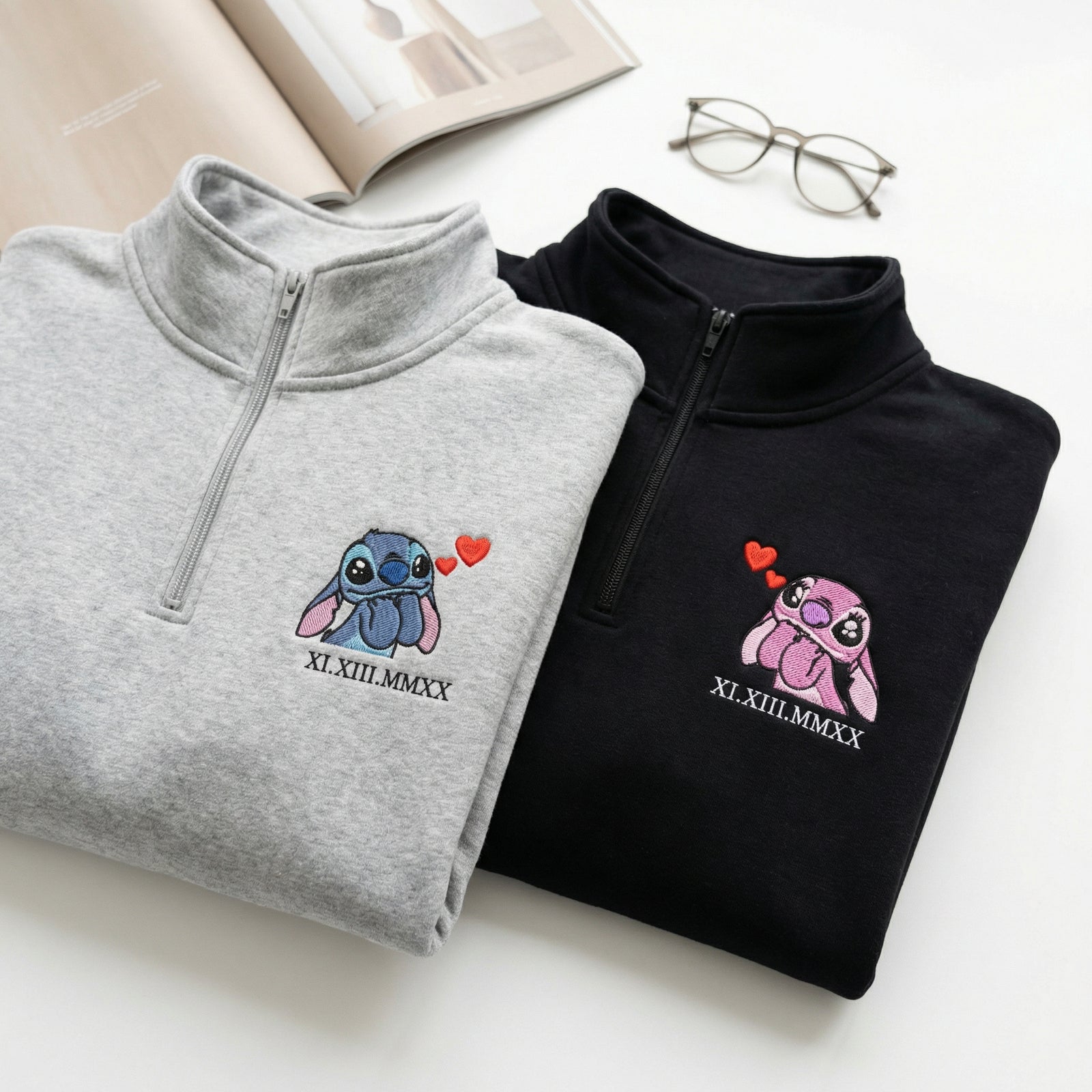 Custom Embroidered Roman Numeral Quarter Zip Sweatshirts for Couples - Cute Alien Duo Matching Date Hoodie