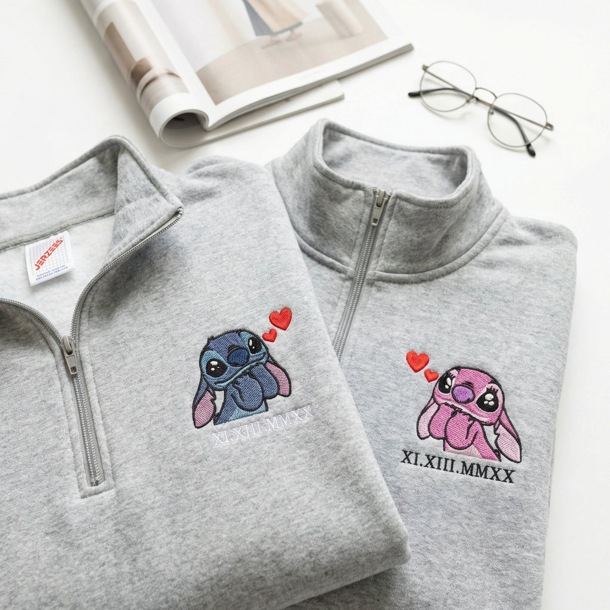 Custom Embroidered Roman Numeral Quarter Zip Sweatshirts for Couples - Cute Alien Duo Matching Date Hoodie