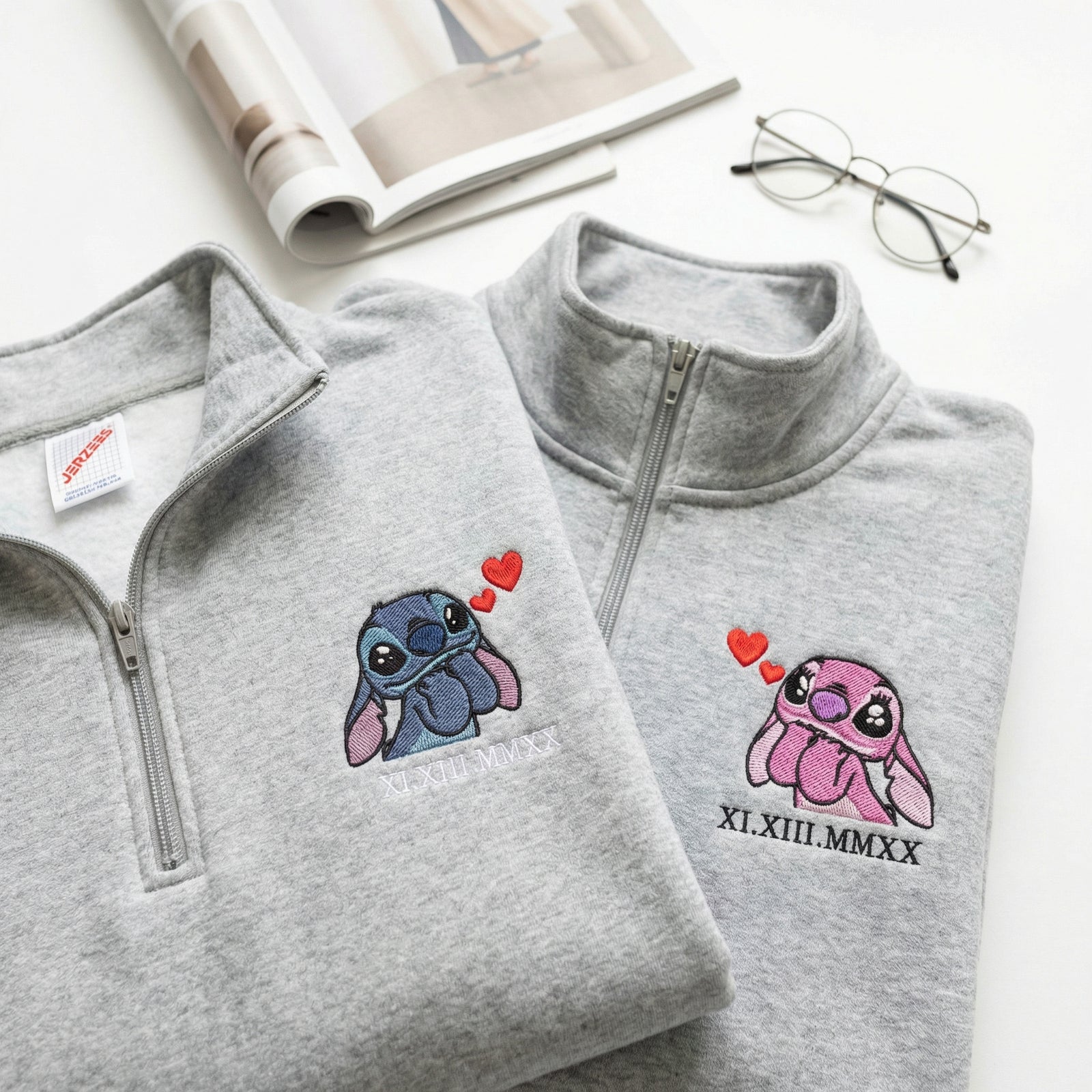 Custom Embroidered Roman Numeral Quarter Zip Sweatshirts for Couples - Cute Alien Duo Matching Date Hoodie