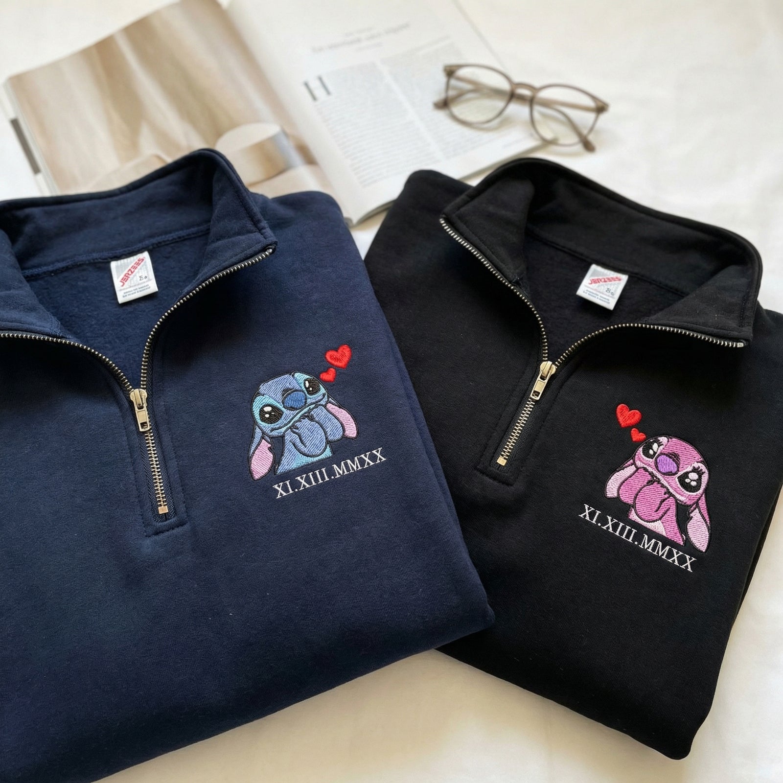 Custom Embroidered Roman Numeral Quarter Zip Sweatshirts for Couples - Cute Alien Duo Matching Date Hoodie