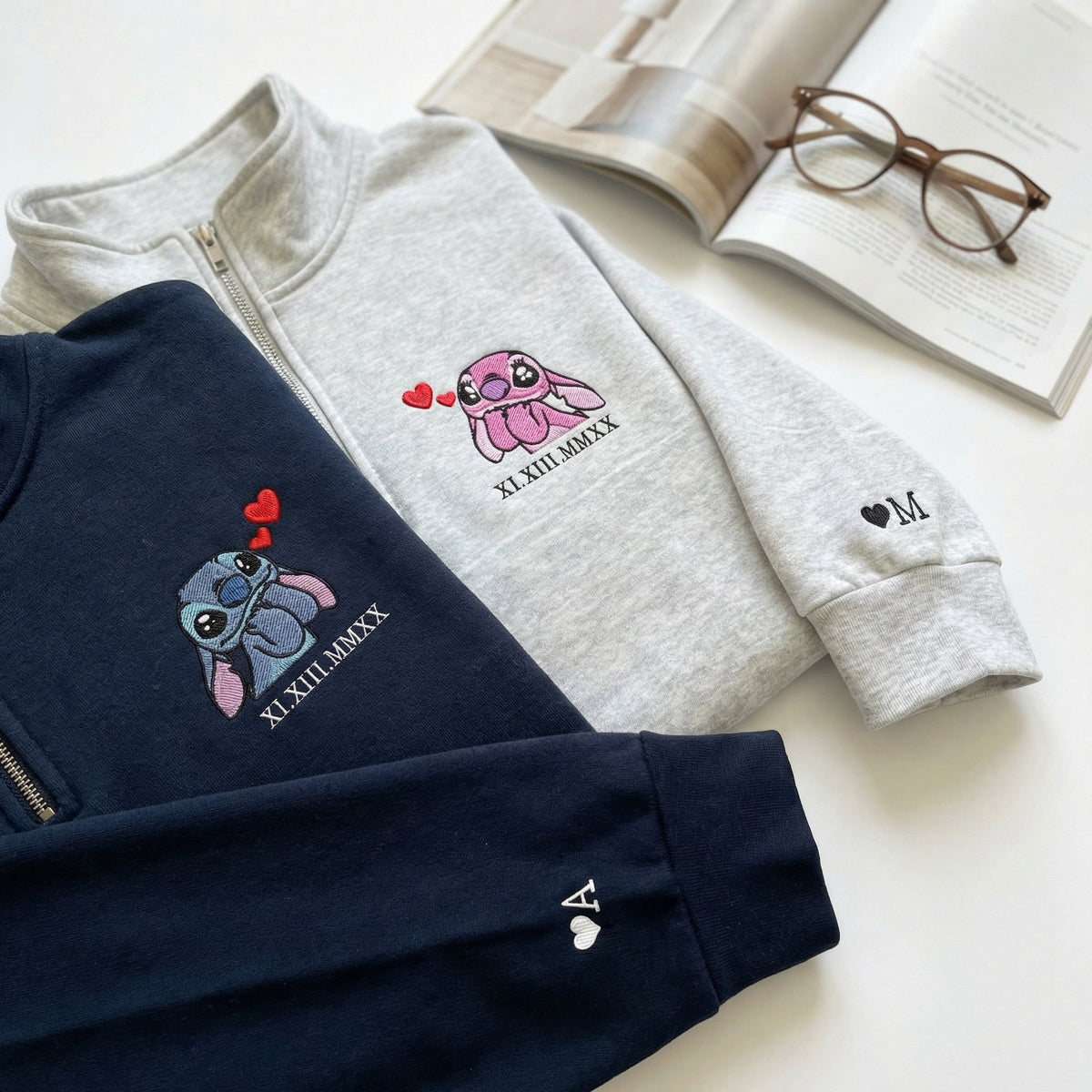 Custom Embroidered Roman Numeral Quarter Zip Sweatshirts for Couples - Cute Alien Duo Matching Date Hoodie