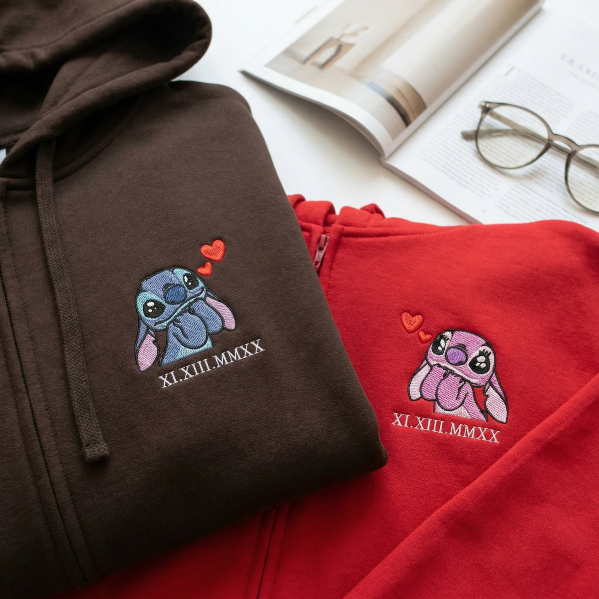 Custom Embroidered Roman Numeral Quarter Zip Sweatshirts for Couples - Cute Alien Duo Matching Date Hoodie