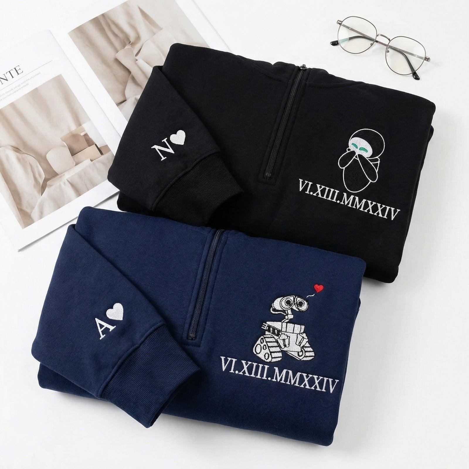 Custom Embroidered Roman Numeral Quarter Zip Sweatshirts for Couples - Personalized Robot Love Matching Full-Zip Hoodie