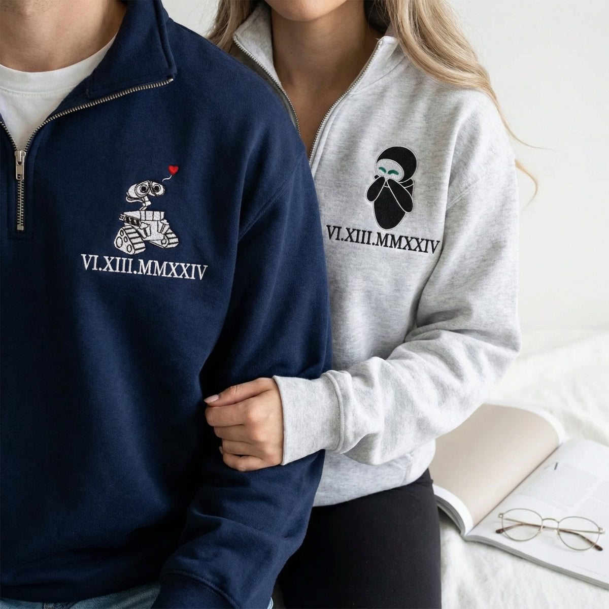 Custom Embroidered Roman Numeral Quarter Zip Sweatshirts for Couples - Personalized Robot Love Matching Full-Zip Hoodie