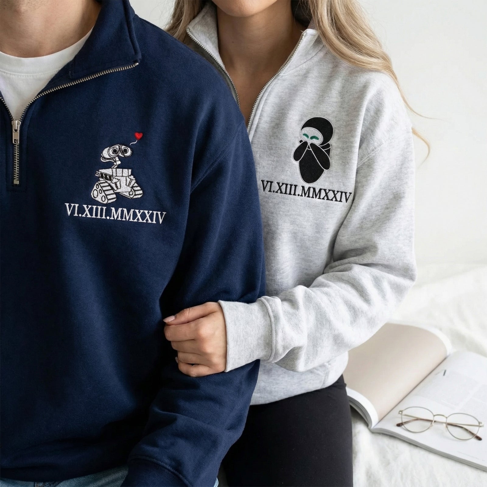 Custom Embroidered Roman Numeral Quarter Zip Sweatshirts for Couples - Personalized Robot Love Matching Full-Zip Hoodie