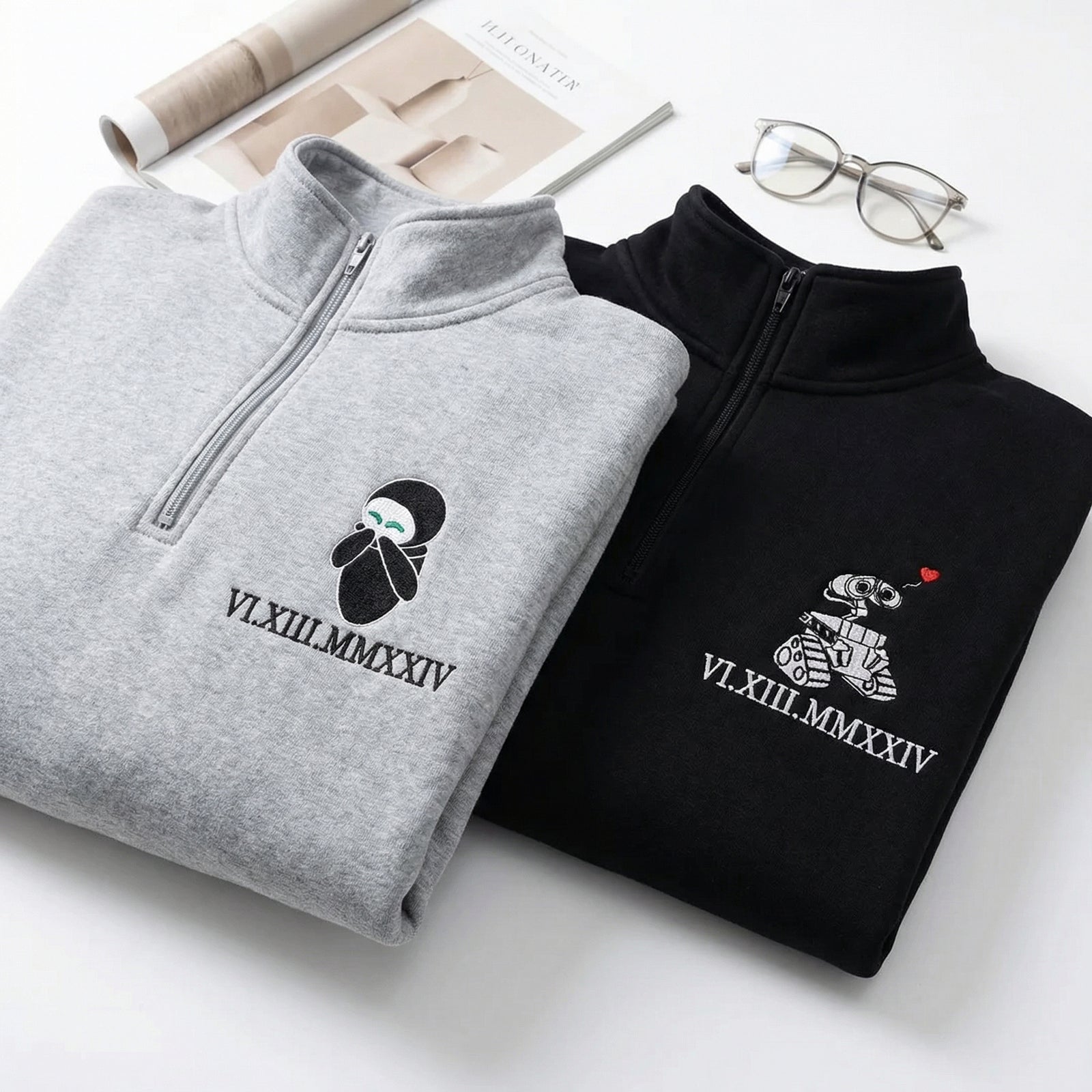 Custom Embroidered Roman Numeral Quarter Zip Sweatshirts for Couples - Personalized Robot Love Matching Full-Zip Hoodie