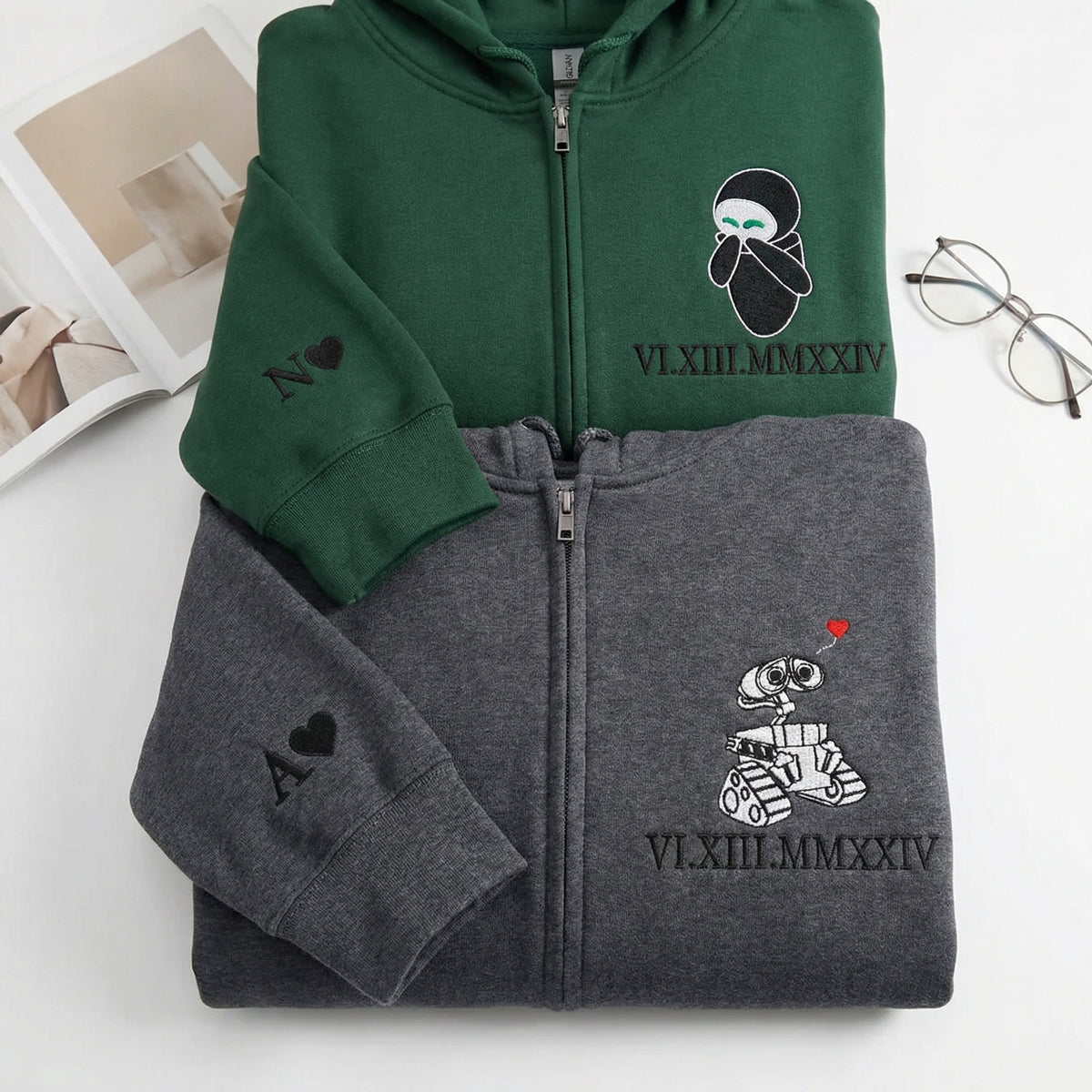 Custom Embroidered Roman Numeral Quarter Zip Sweatshirts for Couples - Personalized Robot Love Matching Full-Zip Hoodie